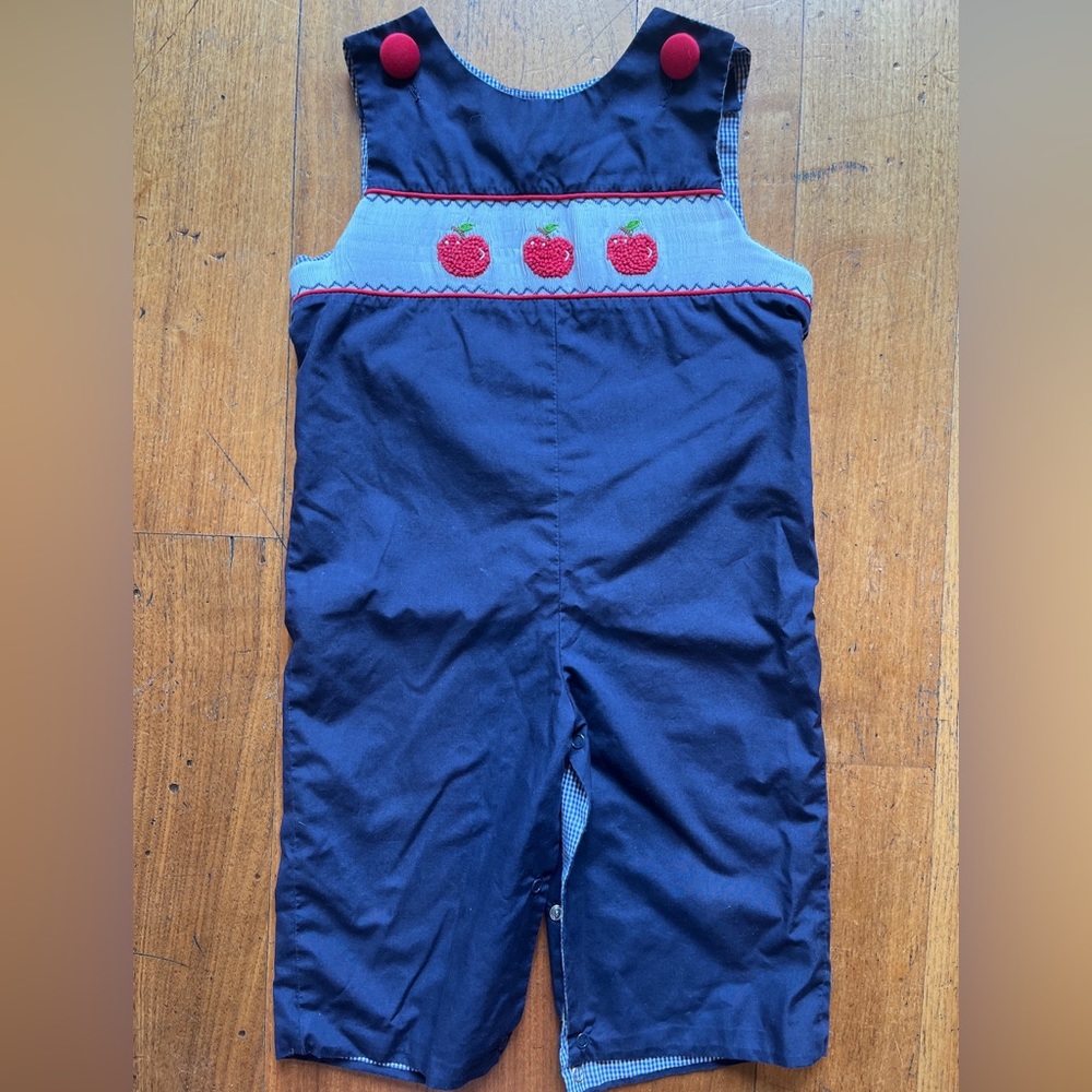 zuccini kids navy blue smocked apple overalls one piece - 18 months.